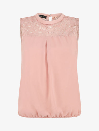 Top sans manches à épaules en dentelle - Rose - 1