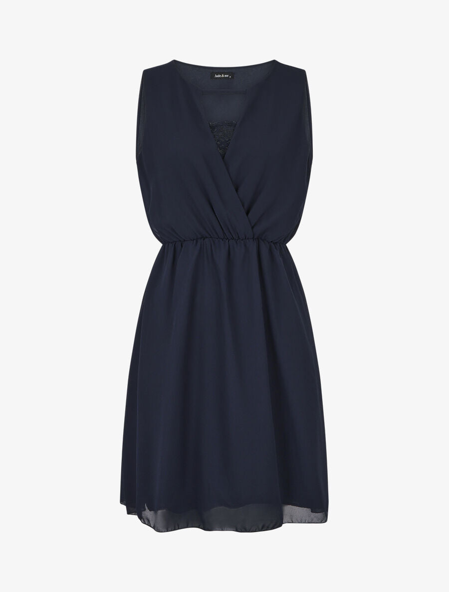 Robe mi-longue évasée sans manches col cache-coeur - Marine - 4
