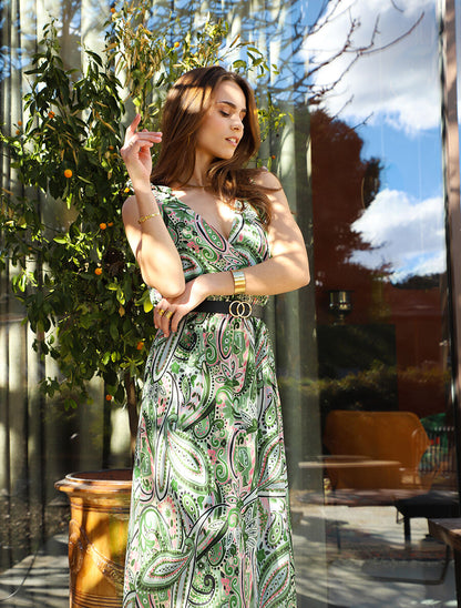 Robe longue sans manches imprimé cachemire stylisé - Vert - 4