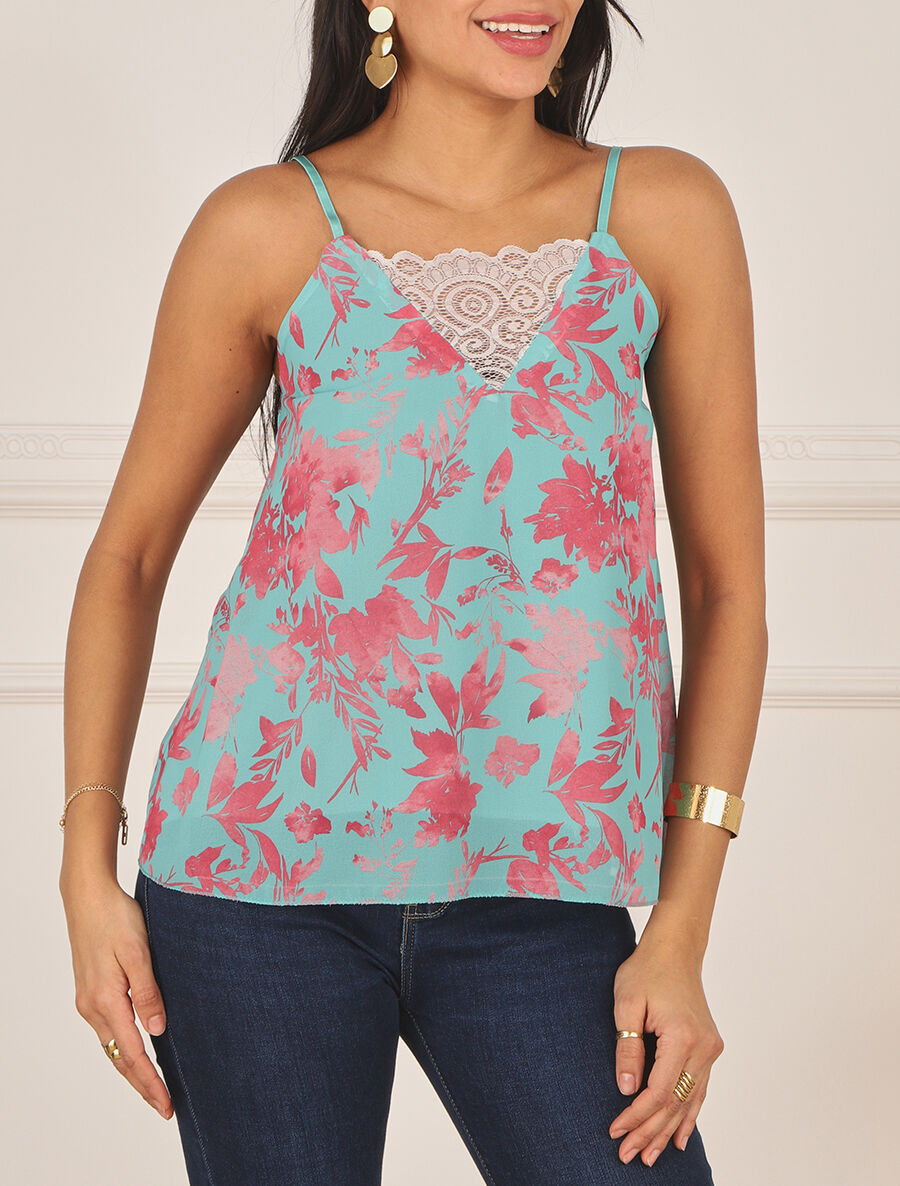 Caraco col dentelle imprimé végétal - Turquoise - 4