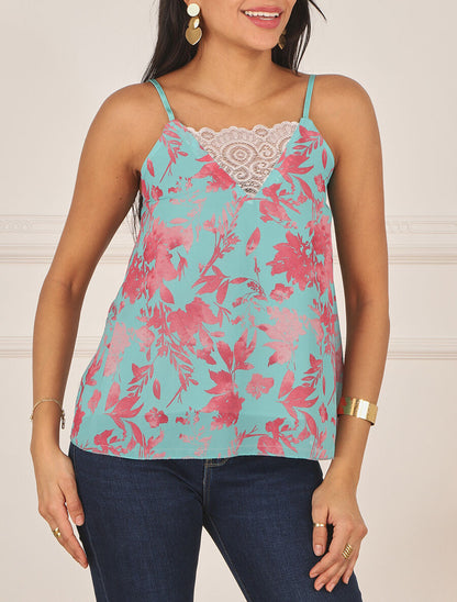 Caraco col dentelle imprimé végétal - Turquoise - 4