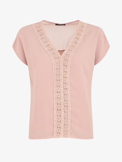 Top uni en voile et broderies - Rose - 1
