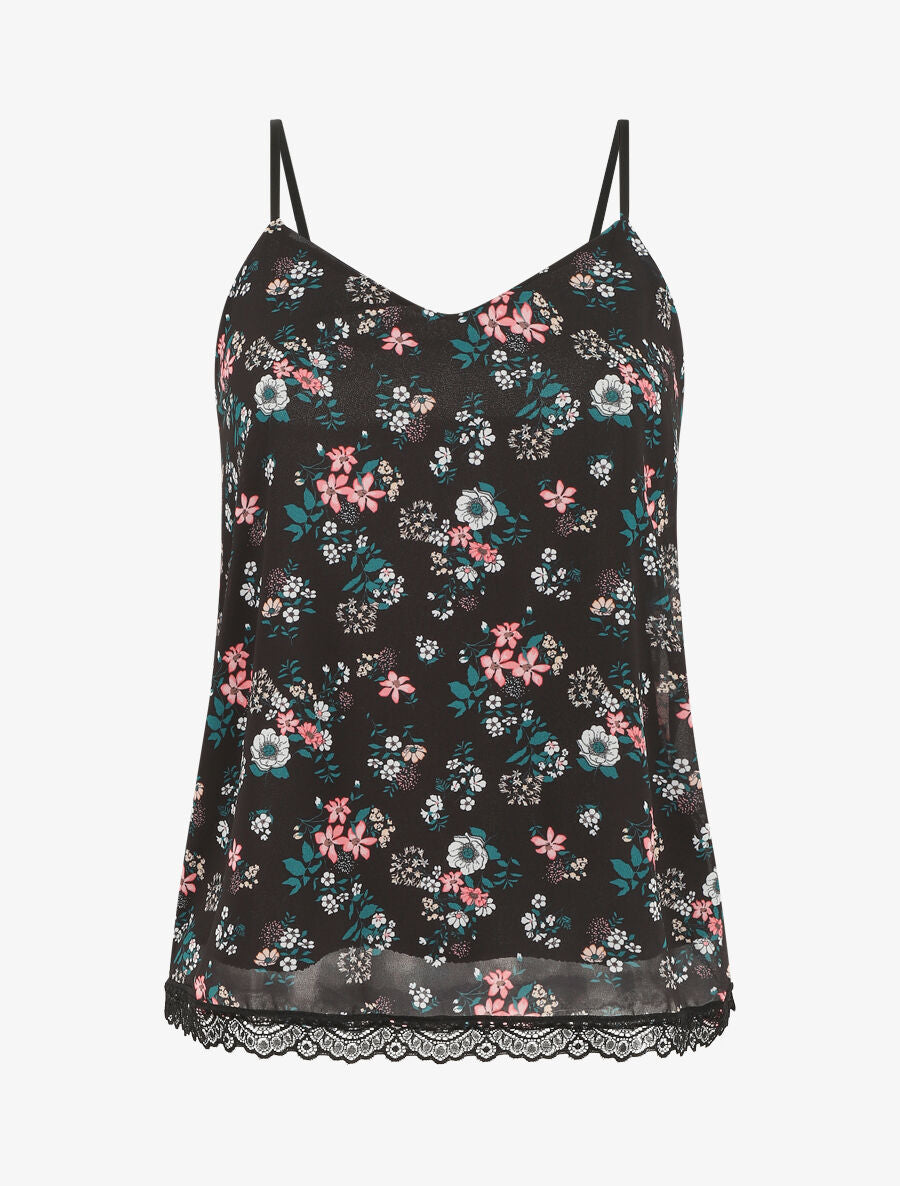 Caraco imprimé petites fleurs à bord en dentelle - Noir - 1