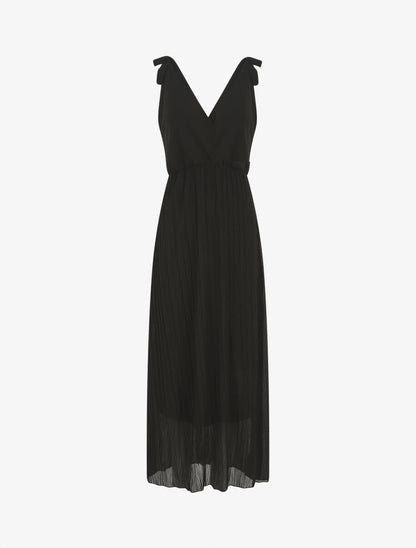 Robe longue unie plissée col cache-coeur - Noir - 1