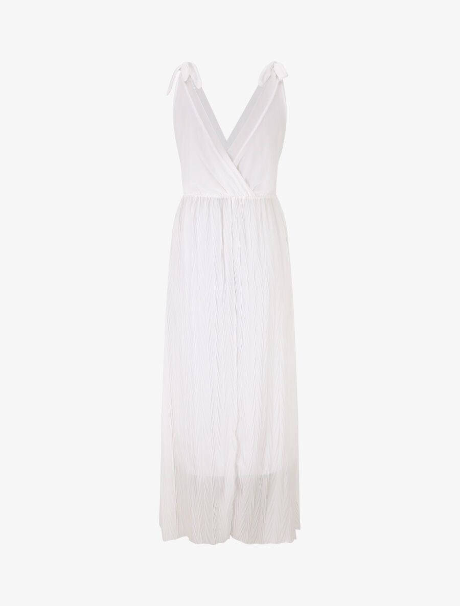 Robe longue unie plissée col cache-coeur - Blanc - 2