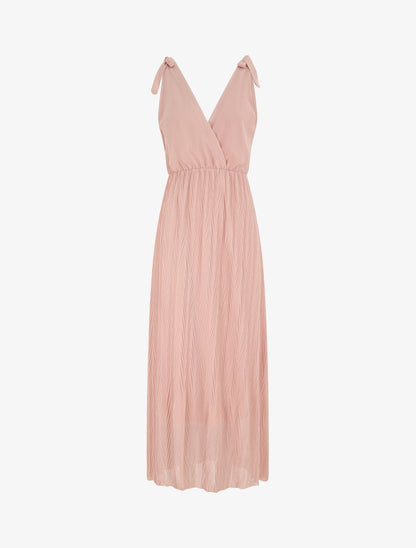 Robe longue unie plissée col cache-coeur - Rose - 1