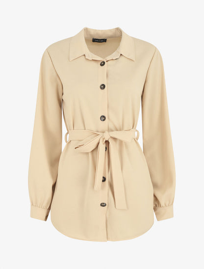 Chemise unie ceinturée oversize - Beige - 1