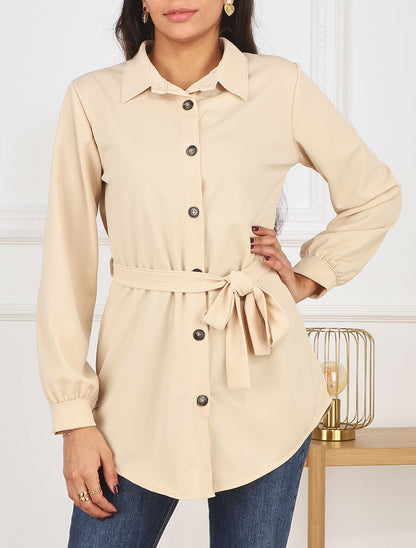 Chemise unie ceinturée oversize - Beige - 4