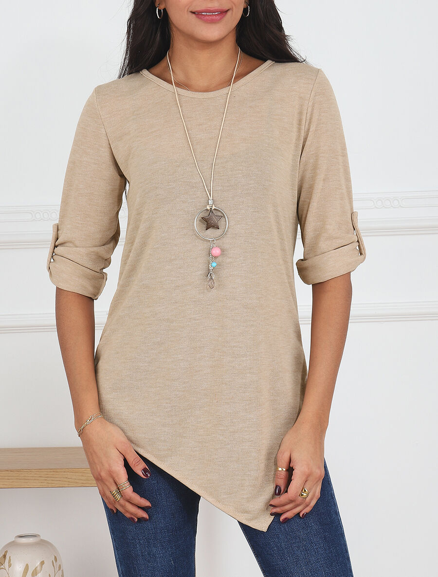 Pull fin asymétrique à manches retroussables - Camel - 4