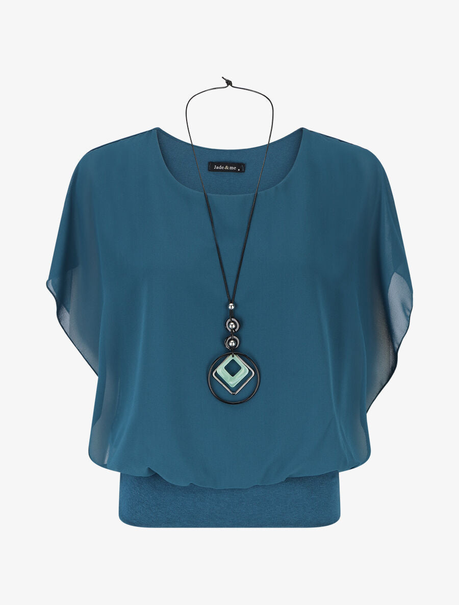Blouse unie en voile à manches volantées - Bleu canard - 1