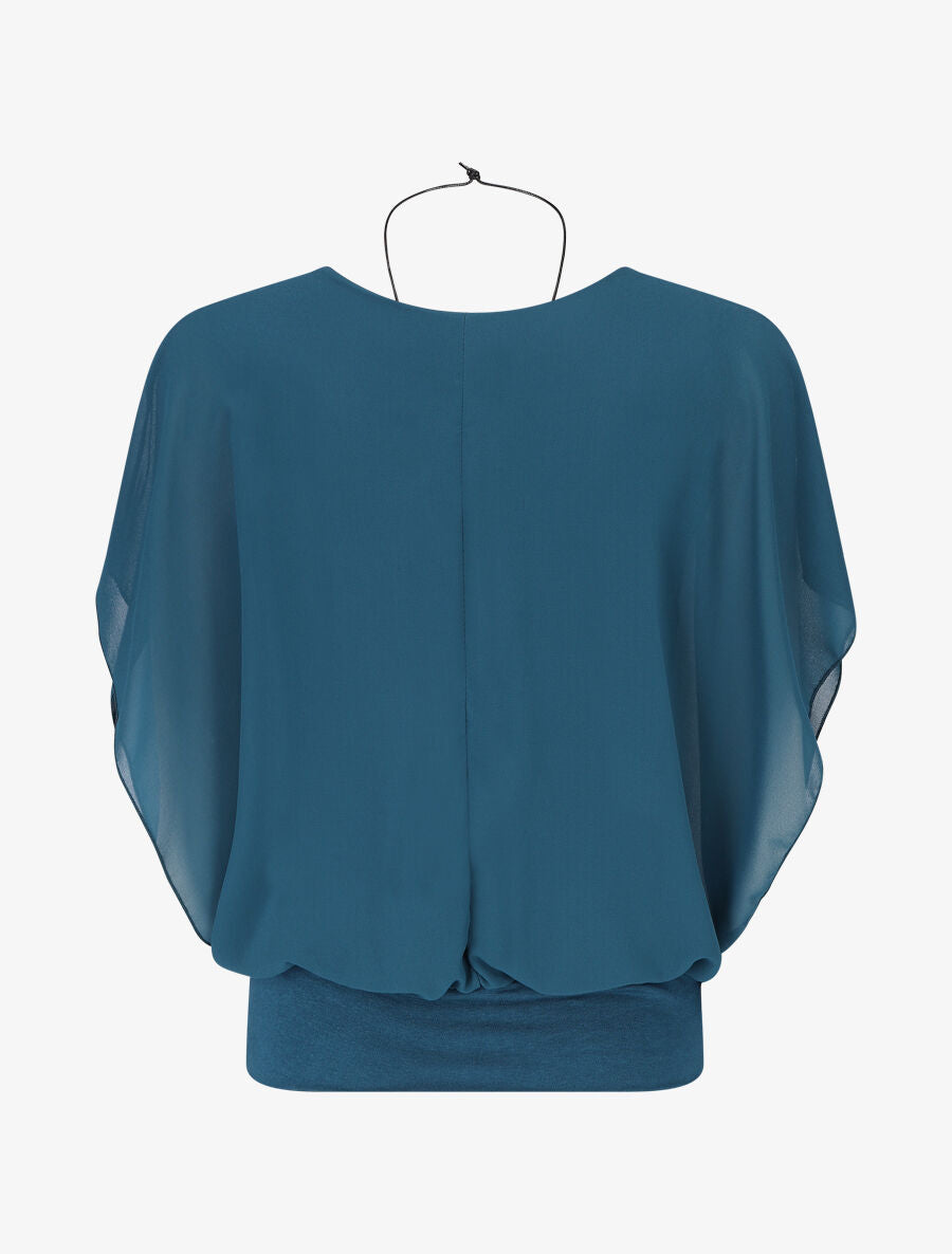 Blouse unie en voile à manches volantées - Bleu canard - 2