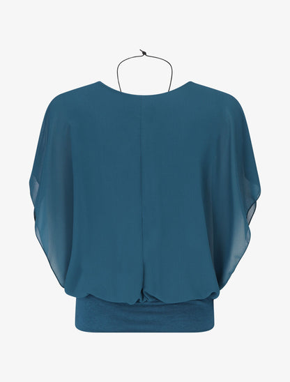 Blouse unie en voile à manches volantées - Bleu canard - 2