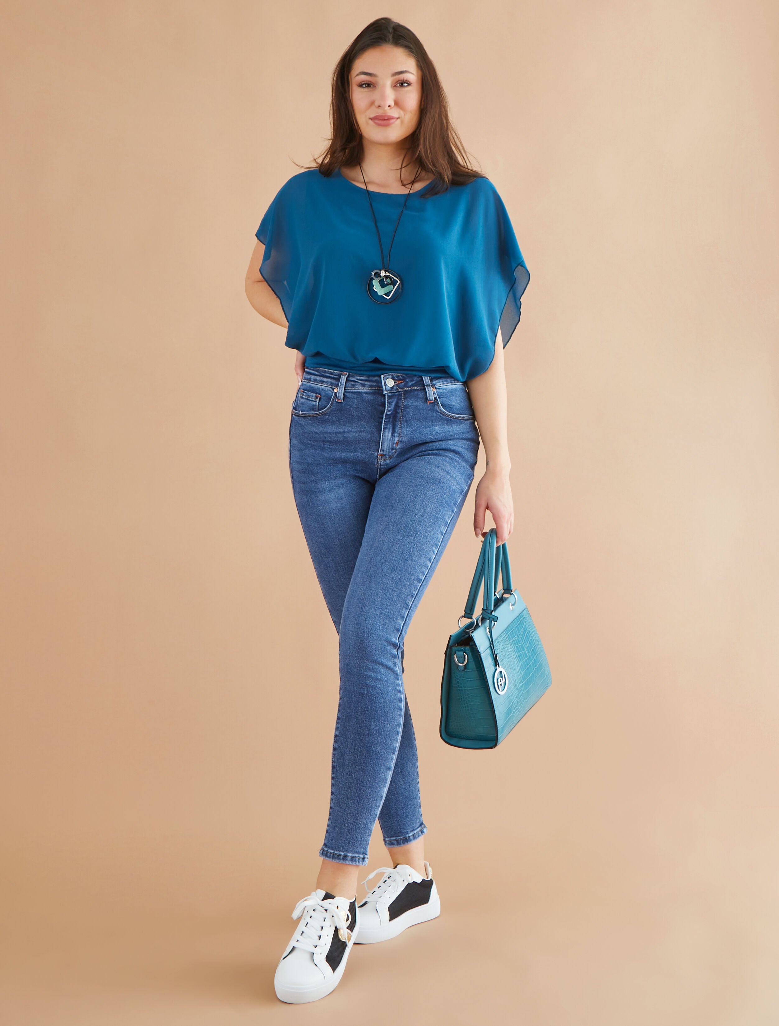 Blouse unie en voile à manches volantées - Bleu canard - 4