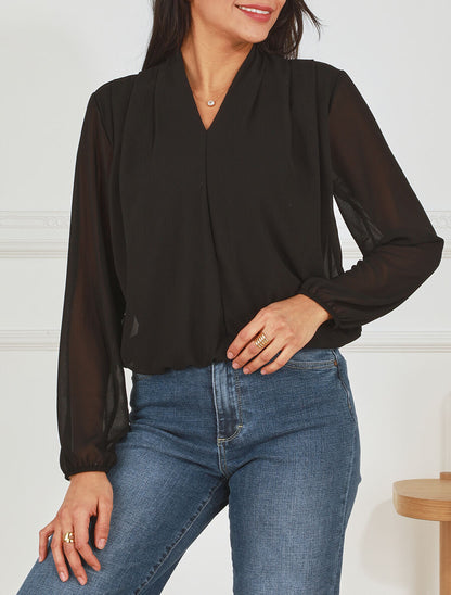Blouse drapée unie à manches longues - Noir - 4