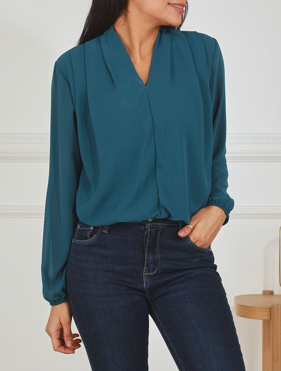 Blouse drapée unie à manches longues - Bleu canard - 4