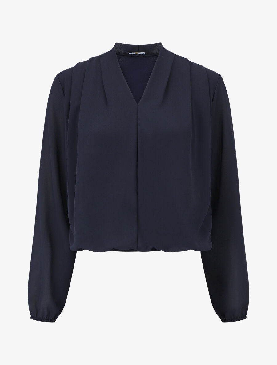 Blouse drapée unie à manches longues - Marine - 1