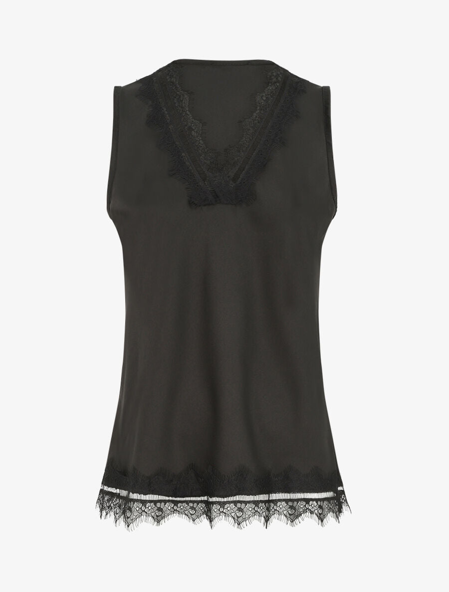 Top satiné uni et dentelle - Noir - 4