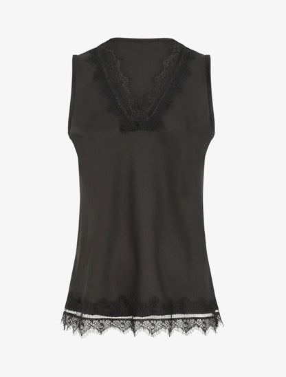 Top satiné uni et dentelle - Noir - 4
