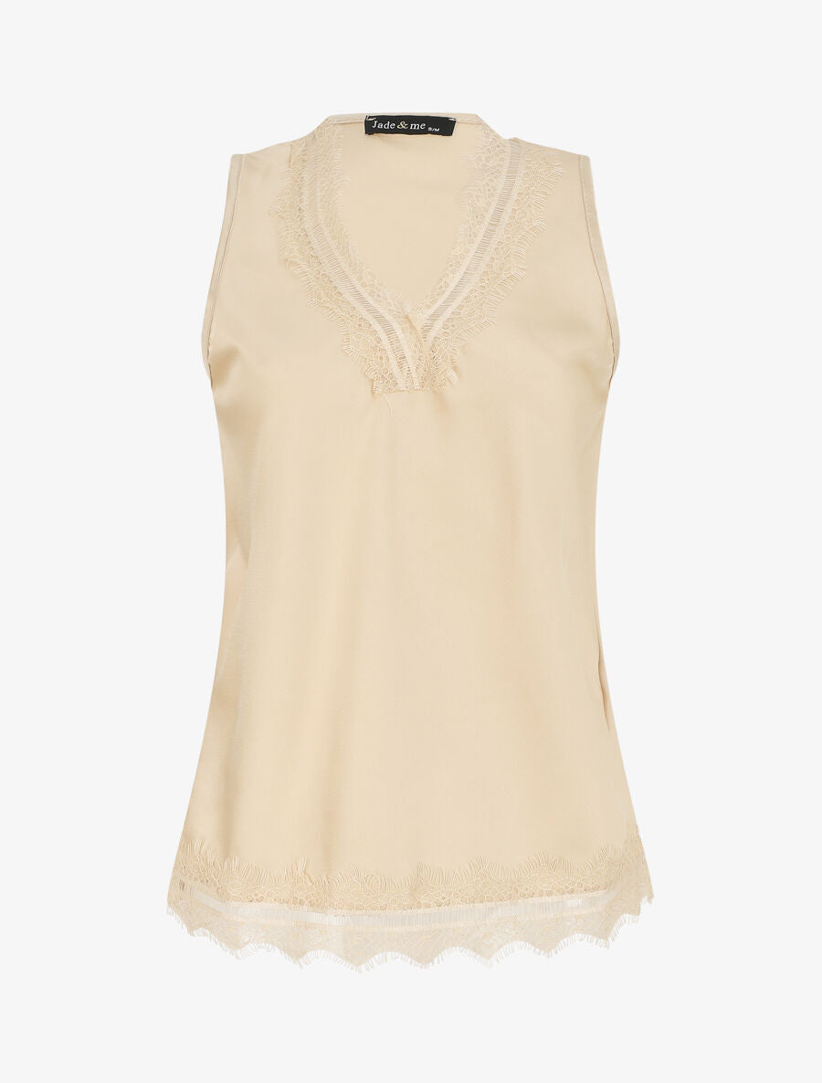 Top satiné uni et dentelle - Beige - 5