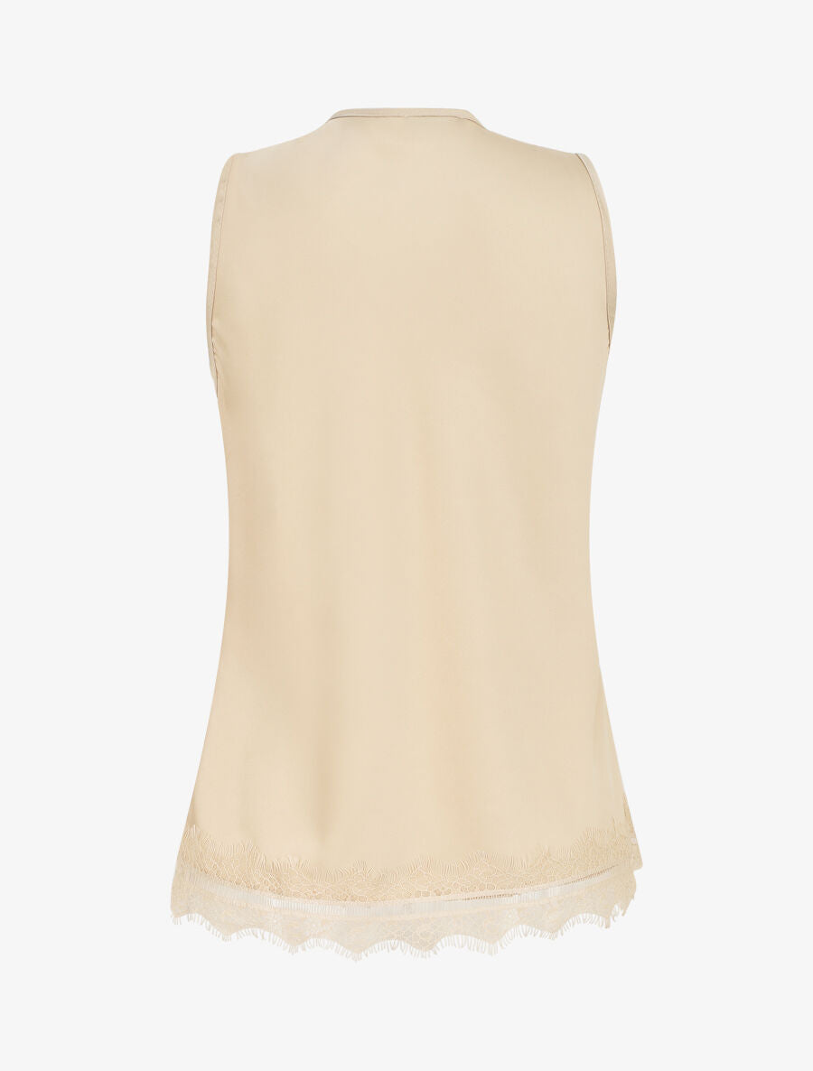 Top satiné uni et dentelle - Beige - 2