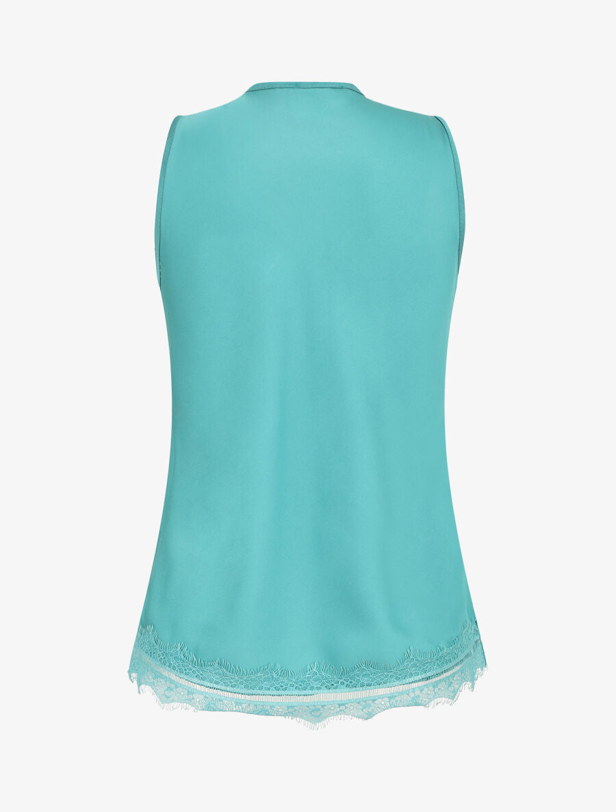 Top satiné uni et dentelle - Turquoise - 2