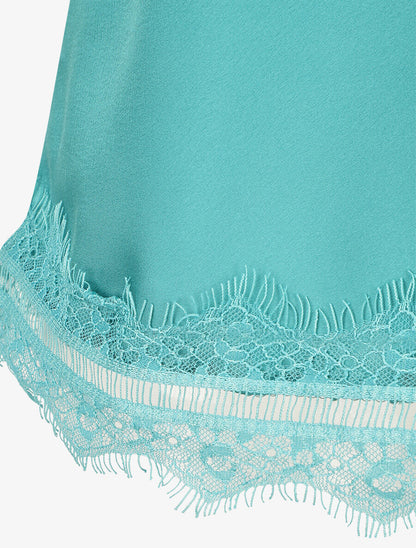 Top satiné uni et dentelle - Turquoise - 3