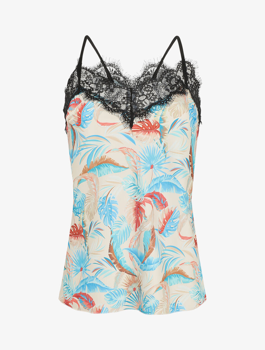 Caraco satiné imprimé tropical et dentelle - Beige - 1