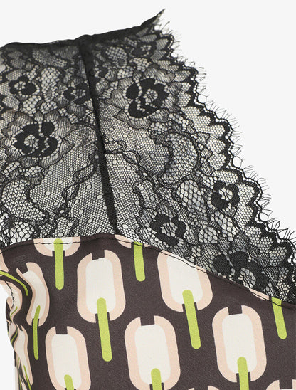 Top satiné à imprimé retro et dentelle - Noir - 3