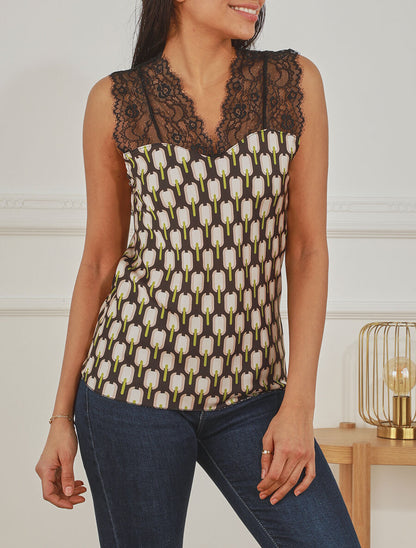 Top satiné à imprimé retro et dentelle - Noir - 4
