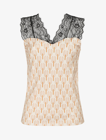 Top satiné à imprimé retro et dentelle - Beige - 5