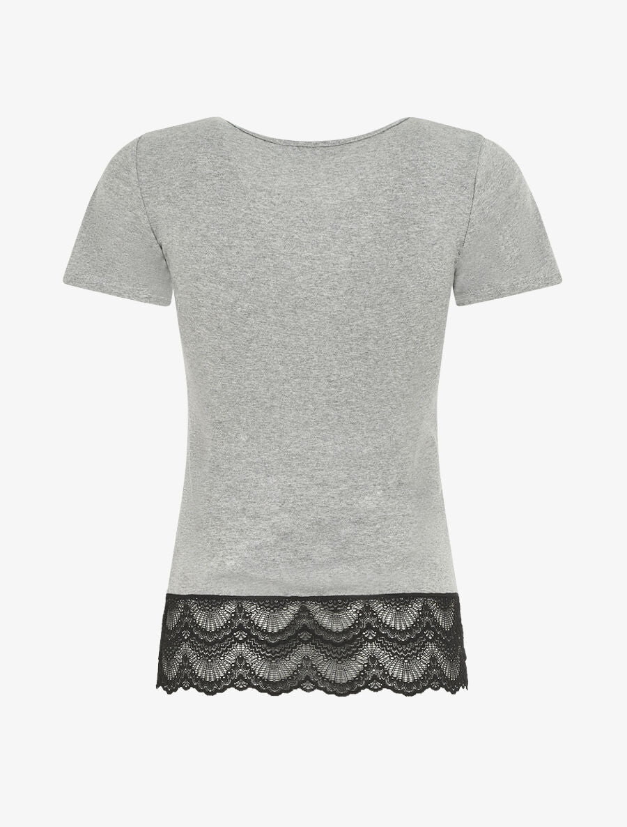 T-shirt uni et dentelle - Gris clair - 2
