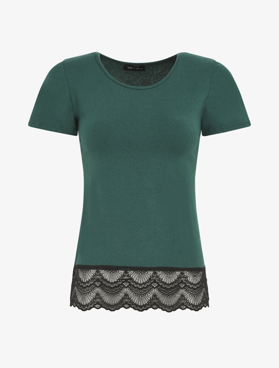 T-shirt uni et dentelle - Vert sapin - 5