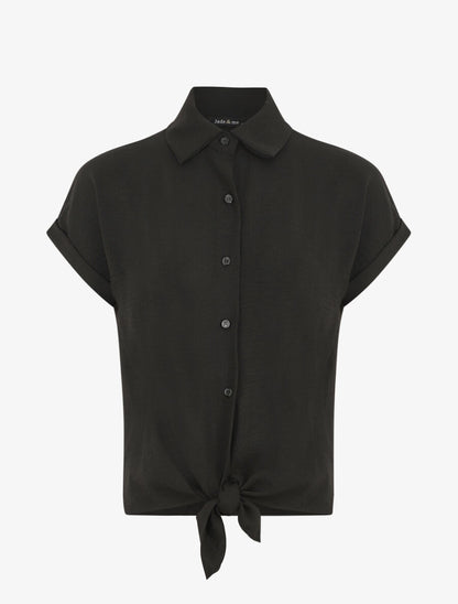 Chemise unie manches courtes à nouer - Noir - 4