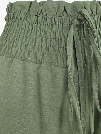 Pantalon uni ample taille haute élastiquée - Vert - 3