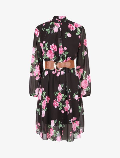 Robe élastiquée à imprimé fleuri - Noir - 5