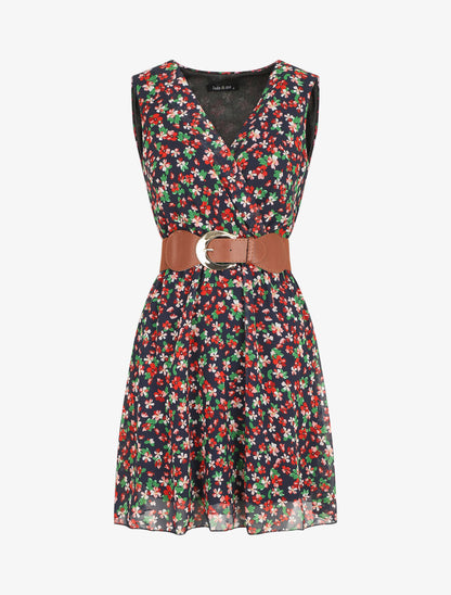 Robe imprimé fleuri à taille élastiquée - Marine - 4