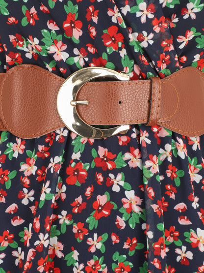 Robe imprimé fleuri à taille élastiquée - Marine - 3