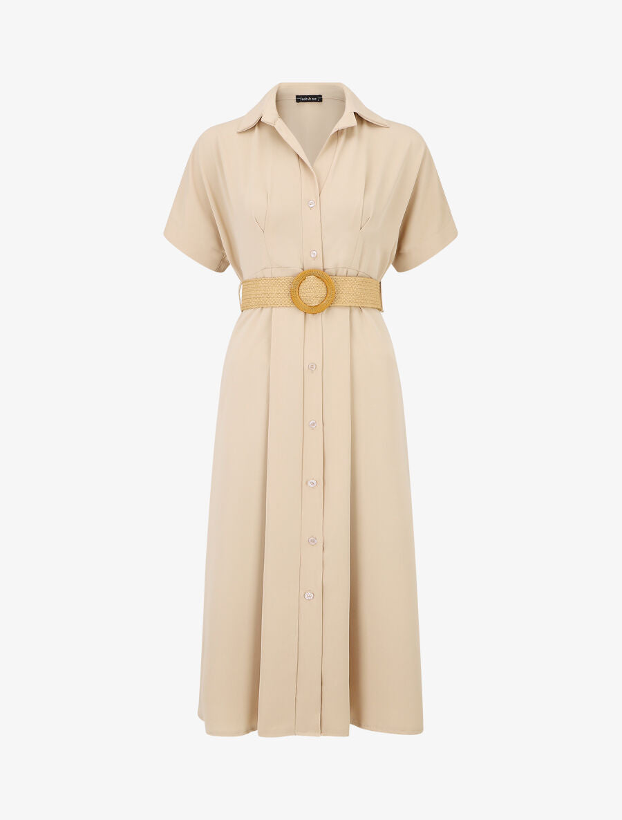 Robe chemise longue unie manches courtes - Beige - 1