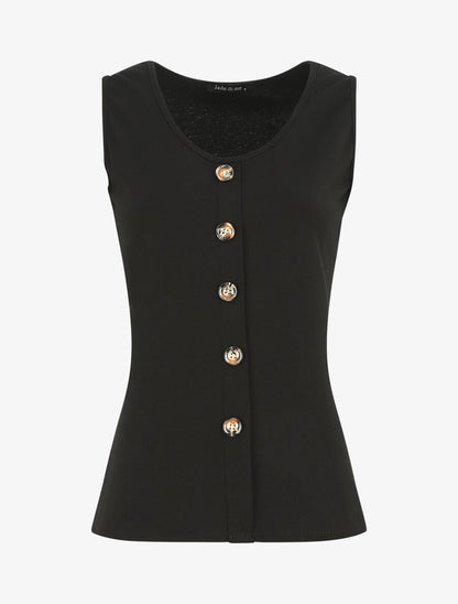 Top uni sans manches et boutons décoratifs - Noir - 1