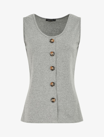 Top uni sans manches et boutons décoratifs - Gris - 1