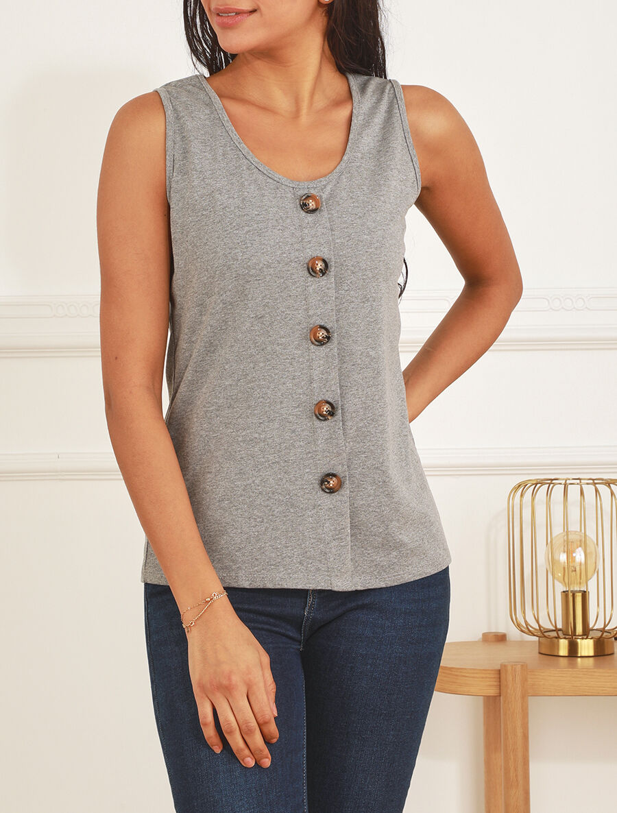 Top uni sans manches et boutons décoratifs - Gris - 4