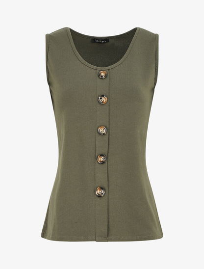 Top uni sans manches et boutons décoratifs - Kaki - 1