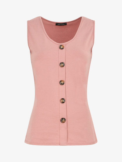 Top uni sans manches et boutons décoratifs - Vieux rose - 5