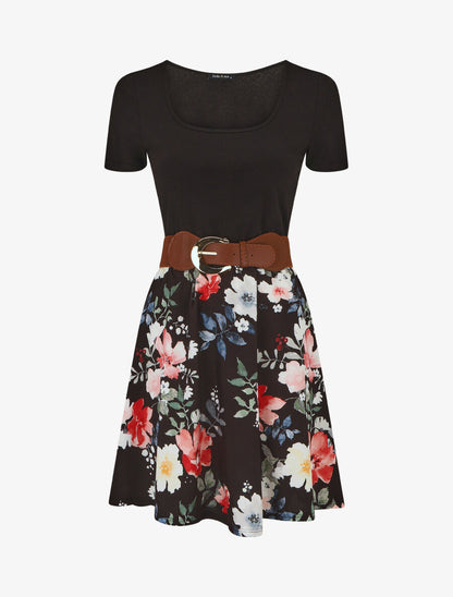 Robe mi-longue à imprimé fleuri - Noir - 4