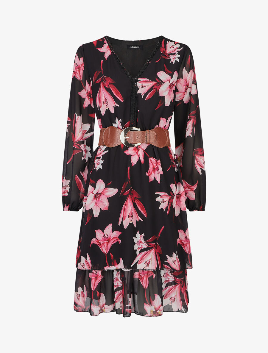 Robe élastiquée à imprimé fleurs - Noir - 1