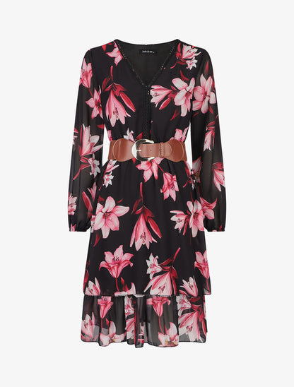 Robe élastiquée à imprimé fleurs - Noir - 1