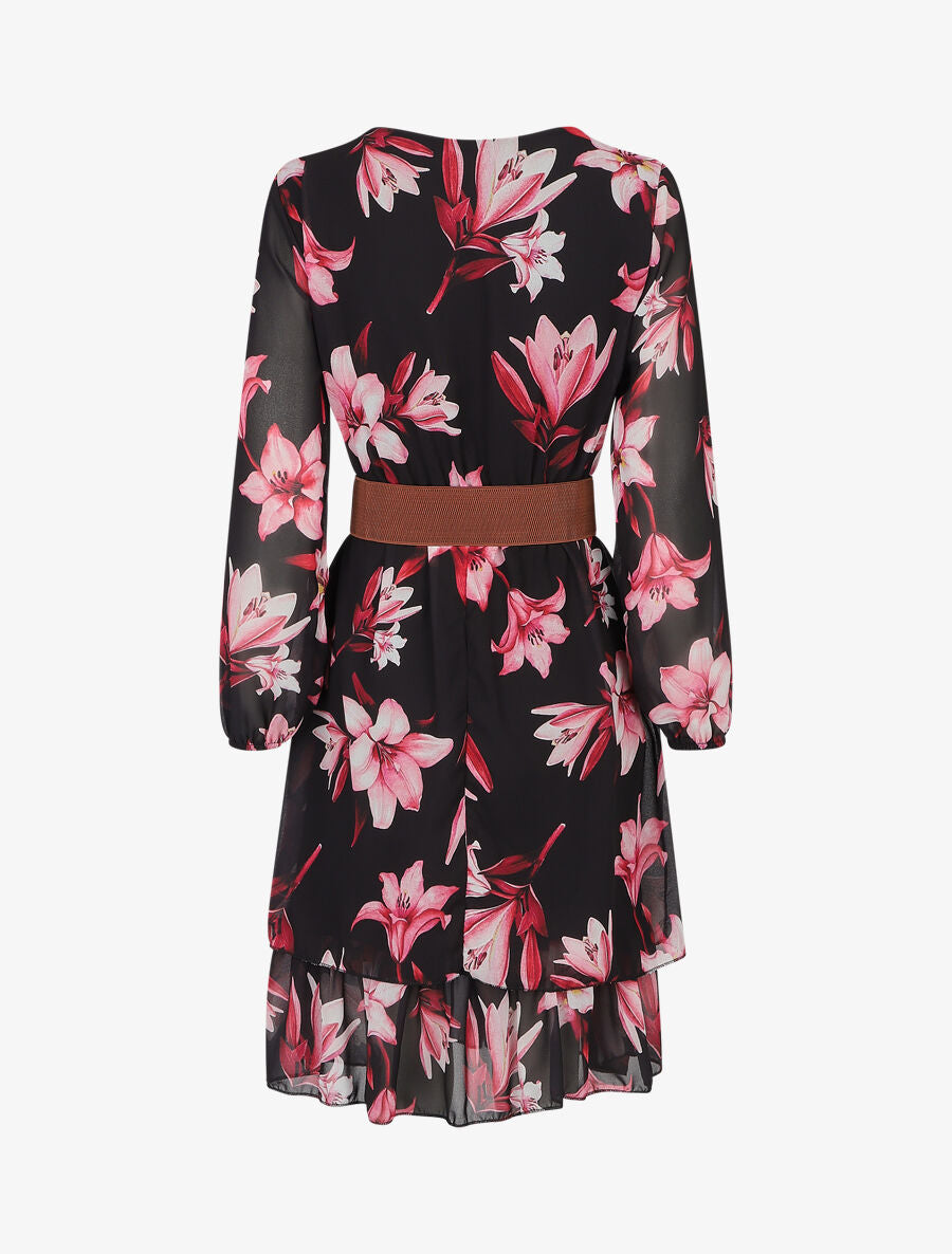 Robe élastiquée à imprimé fleurs - Noir - 2