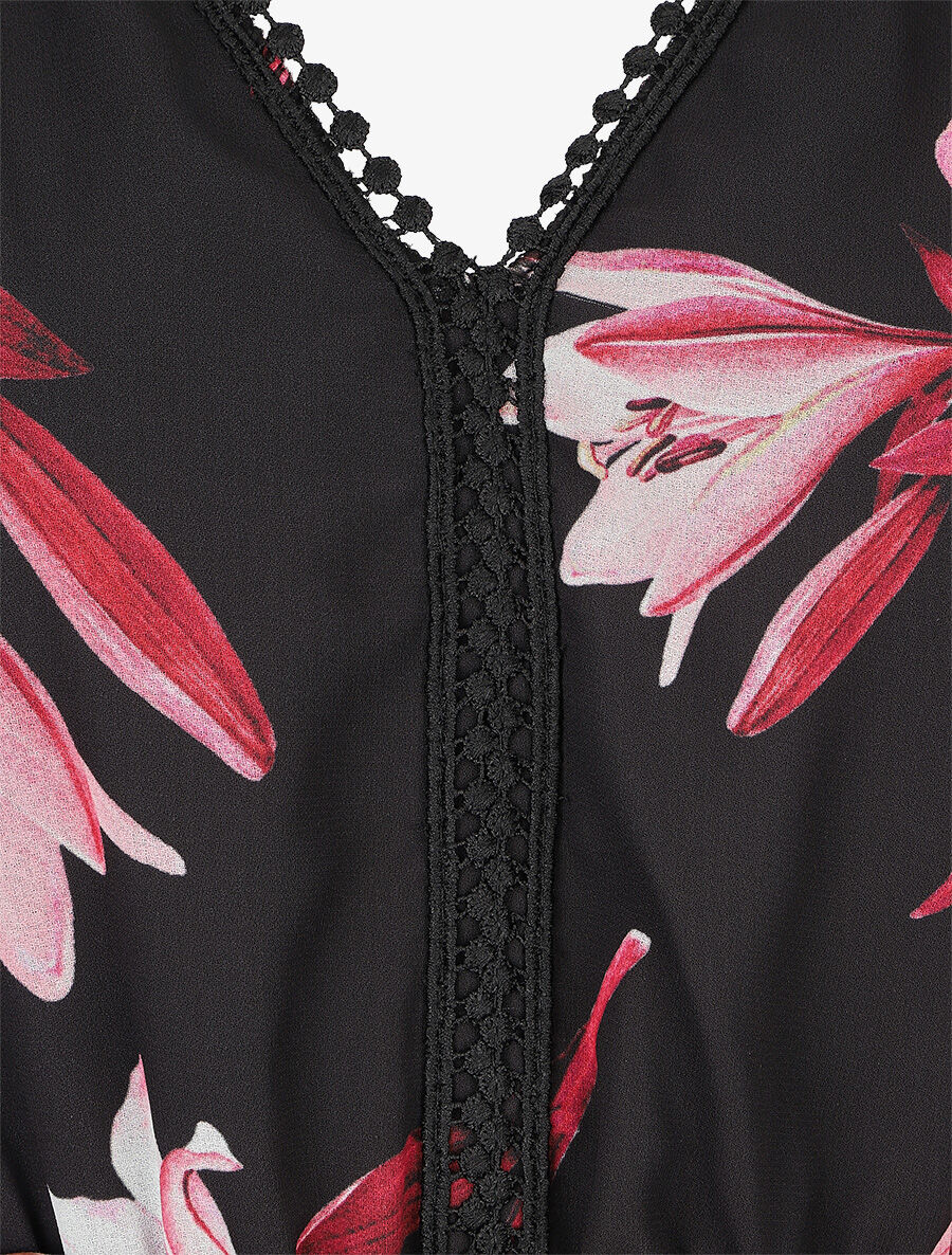 Robe élastiquée à imprimé fleurs - Noir - 3