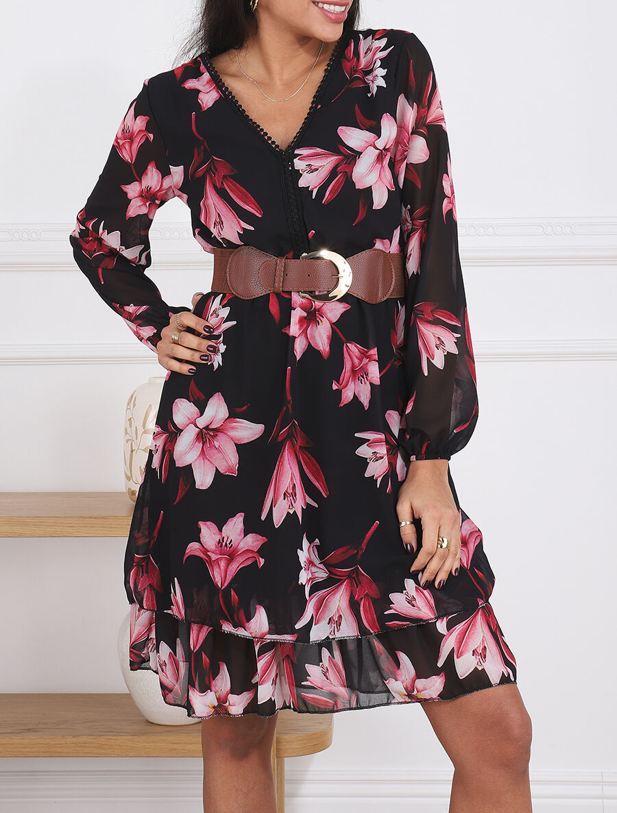 Robe élastiquée à imprimé fleurs - Noir - 4