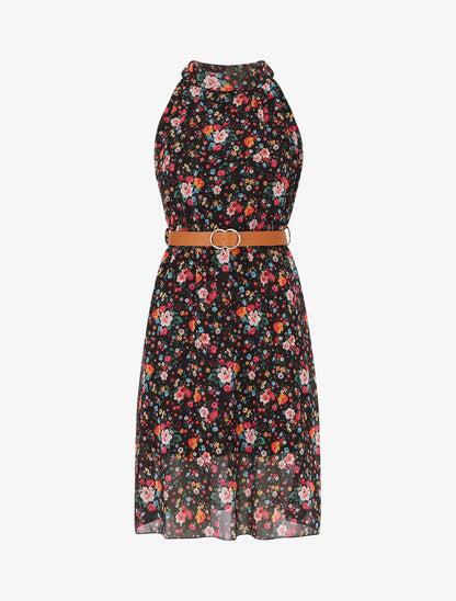 Robe sans manches évasée imprimé petites fleurs - Noir - 1